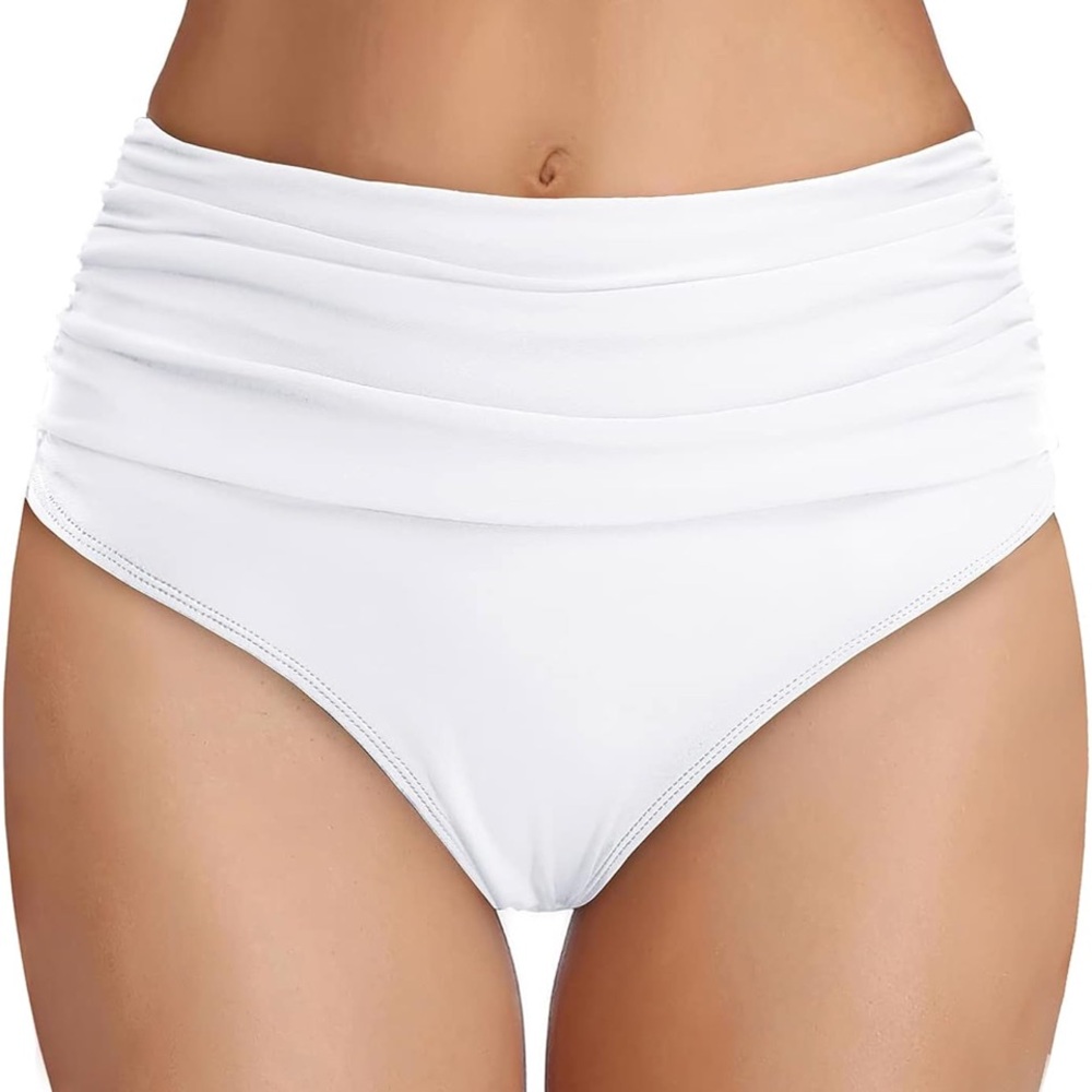 🚘New High-Waisted White Bikini Bottom tummy control rushing bathing suit bottoms